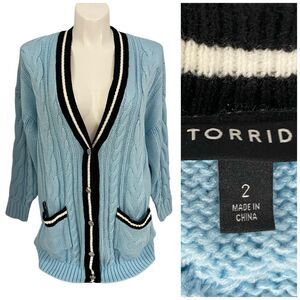 Torrid Light Blue Cable Knit Cardigan with Black Trim